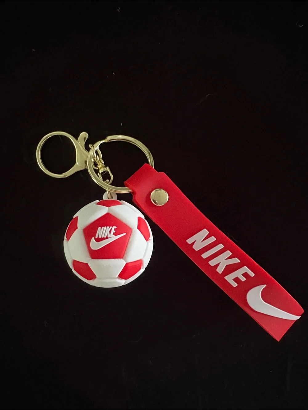 Red and White Soccer Ball Keychain Bag Charm with Gold Ring